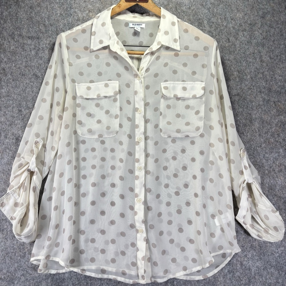 Old Navy Womens L Top Blouse Sheer White Polka Dot Top Button Roll Tab Sleeves